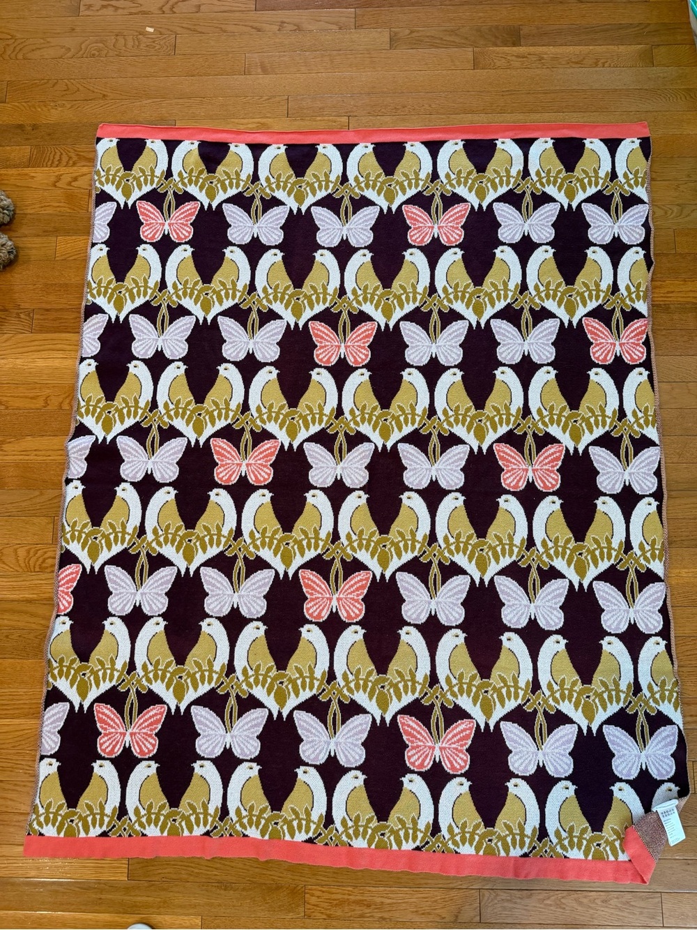 Anthropologie Butterfly & Dove Throw — Coral, Olive & White on Plum